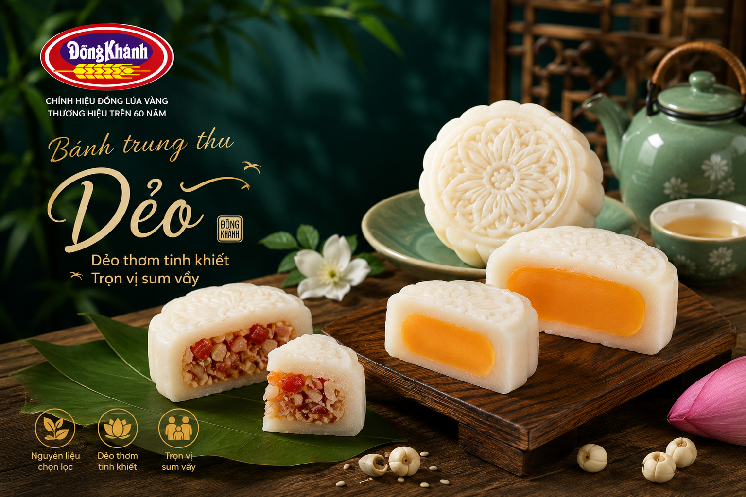 Bánh trung thu dẻo Đồng Khánh trên khay gỗ